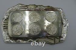 Vintage oriental saki set with a tray, cobalt blue shots in silver cups