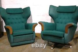 Vintage pair of retro wingback buttoned armchairs