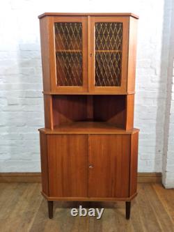 Vintage retro Danish mid century teak corner display cabinet cupboard