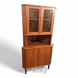 Vintage retro Danish mid century teak tall corner display cabinet cupboard