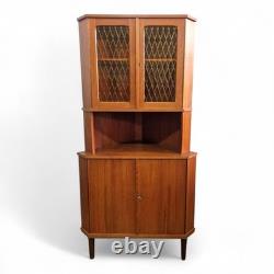 Vintage retro Danish mid century teak tall corner display cabinet cupboard