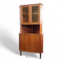 Vintage retro Danish mid century teak tall corner display cabinet cupboard