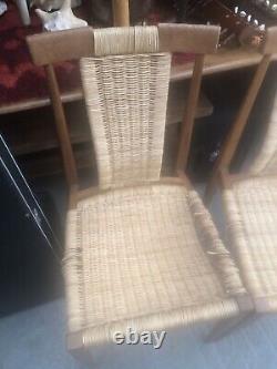 Vintage retro Danish mid century wooden Teak Rattan kitchen dining chairs x 4