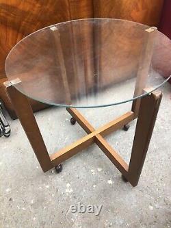 Vintage retro Round Glass teak wood mid century 60s 70s coffee table MCM