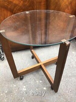 Vintage retro Round Glass teak wood mid century 60s 70s coffee table MCM