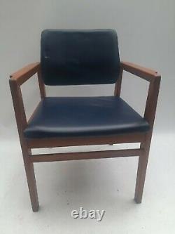 Vintage retro antique mid century blue faux leather wood kitchen dining chairs 1