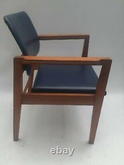 Vintage retro antique mid century blue faux leather wood kitchen dining chairs 1