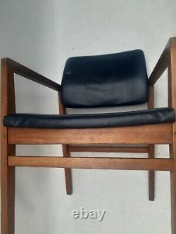 Vintage retro antique mid century blue faux leather wood kitchen dining chairs 1