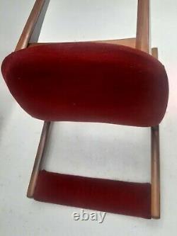 Vintage retro antique mid century red velvet wood kitchen dining chairs cuved x2