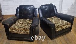 Vintage retro button back pair of lounge armchairs wingback chairs