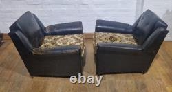Vintage retro button back pair of lounge armchairs wingback chairs