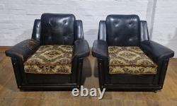 Vintage retro button back pair of lounge armchairs wingback chairs
