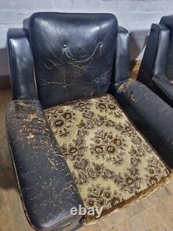 Vintage retro button back pair of lounge armchairs wingback chairs