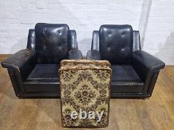 Vintage retro button back pair of lounge armchairs wingback chairs