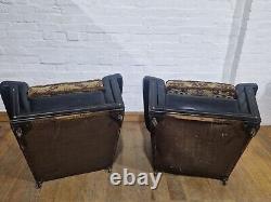 Vintage retro button back pair of lounge armchairs wingback chairs