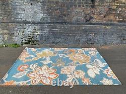 Vintage retro mid century modern MCM blue floor rug flower pattern shabby chic
