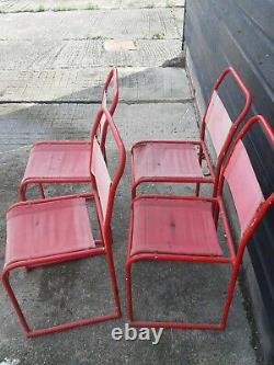 Vintage retro mid century red metal stacking kitchen dining chair x 4 60s 70s