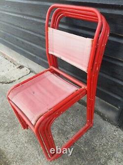 Vintage retro mid century red metal stacking kitchen dining chair x 4 60s 70s