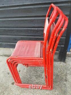 Vintage retro mid century red metal stacking kitchen dining chair x 4 60s 70s