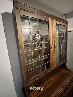 Vintage wooden dresser display cabinet old-fashioned glass windows &lead strips