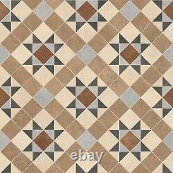 Vinyl Flooring Roll Vintage Kitchen Bathroom Cream Brown Retro Tile Effect Lino