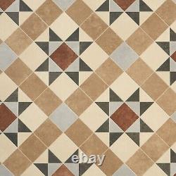 Vinyl Flooring Roll Vintage Kitchen Bathroom Cream Brown Retro Tile Effect Lino