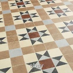 Vinyl Flooring Roll Vintage Kitchen Bathroom Cream Brown Retro Tile Effect Lino