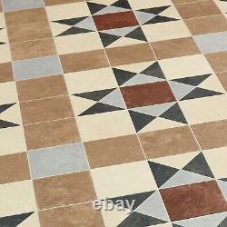 Vinyl Flooring Roll Vintage Kitchen Bathroom Cream Brown Retro Tile Effect Lino