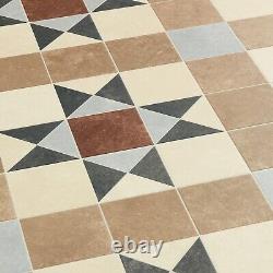 Vinyl Flooring Roll Vintage Kitchen Bathroom Cream Brown Retro Tile Effect Lino
