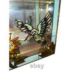 Vtg Faux Stained-Glass Hummingbird Flower 3 Shelf Glass Wall Curio Cabinet