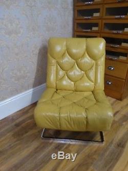 WOW! On trend Vintage Mid C Bright lemon Yellow Leather lounger chair armchair
