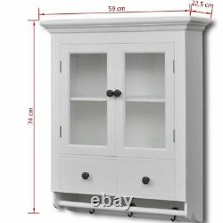 White Wooden Kitchen Wall Storage Cabinet With Glass Door Drawer Vintage N1I0