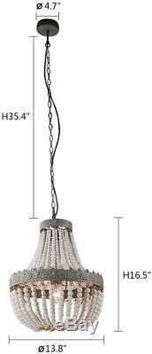 Wood Bead Chandelier Pendant Ceiling Lamp Gray White Finishing Vintage Rustic
