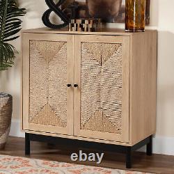 Wood Sideboard Buffet Storage Cabinet with Paper Rattan Doors Kitchen Furniture