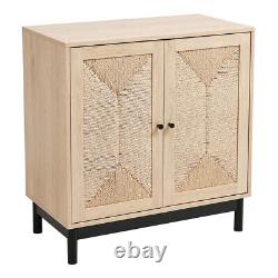 Wood Sideboard Buffet Storage Cabinet with Paper Rattan Doors Kitchen Furniture