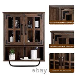 Wood Wall Storage Cabinet with Cross Glass Doors, Farmhouse Wall Dark Walnut