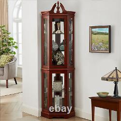 Wooden Curio Lighted Corner Cabinet withDoors & Adjustable Tempered Glass Shelves