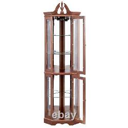 Wooden Curio Lighted Corner Cabinet withDoors & Adjustable Tempered Glass Shelves