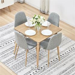 Wooden Dining Table and 4 Grey Chairs Linen Fabric Retro Furniture Home Kitchen