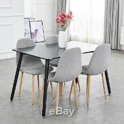 Wooden Dining Table and 4 Grey Chairs Linen Fabric Retro Furniture Home Kitchen