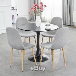 Wooden Dining Table and 4 Grey Chairs Linen Fabric Retro Furniture Home Kitchen