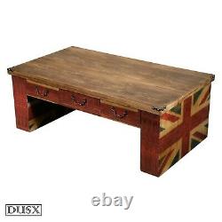 Wooden Vintage Retro Union Jack Coffee Table Drawered British Regal Shabby Chic