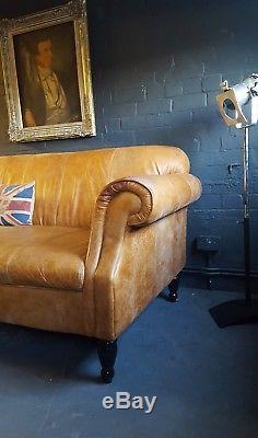 172 Chesterfield Leather Vintage Canapé 3 Places Et Pouf Beige Courier Av