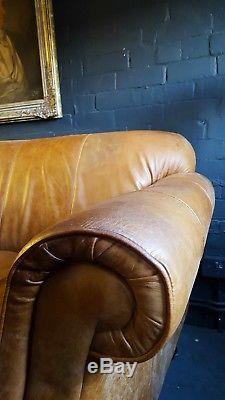 172 Chesterfield Leather Vintage Canapé 3 Places Et Pouf Beige Courier Av