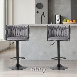 2 tabourets de bar gris capitonnés de luxe, avec vérin à gaz, pour cuisine et petit-déjeuner, avec dossier
