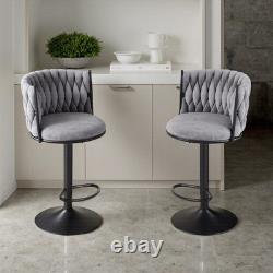 2 tabourets de bar gris capitonnés de luxe, avec vérin à gaz, pour cuisine et petit-déjeuner, avec dossier
