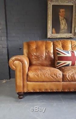 420 Chesterfield Leather Canapé 3 Places Vintage & Distressed Beige Marron Courier Av