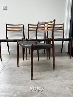 4 chaises en palissandre modèle 78 de Niels Moller, vintage rétro danois pour cuisine ou salle à manger.