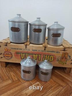 5 Récipients en Aluminium Vintage Rétro Antiques de Cuisine Française en Nesting Art Déco