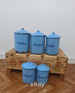 5 Rétro Vintage Anciennes Boîtes de Cuisine En Émail Français en Métal Décor Art